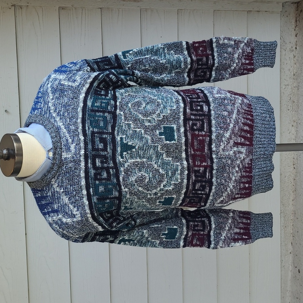 METHOD Biggie Cosby Textured Blue Grey Maroon Blend Sz L Sweater 90s Y2K RARE